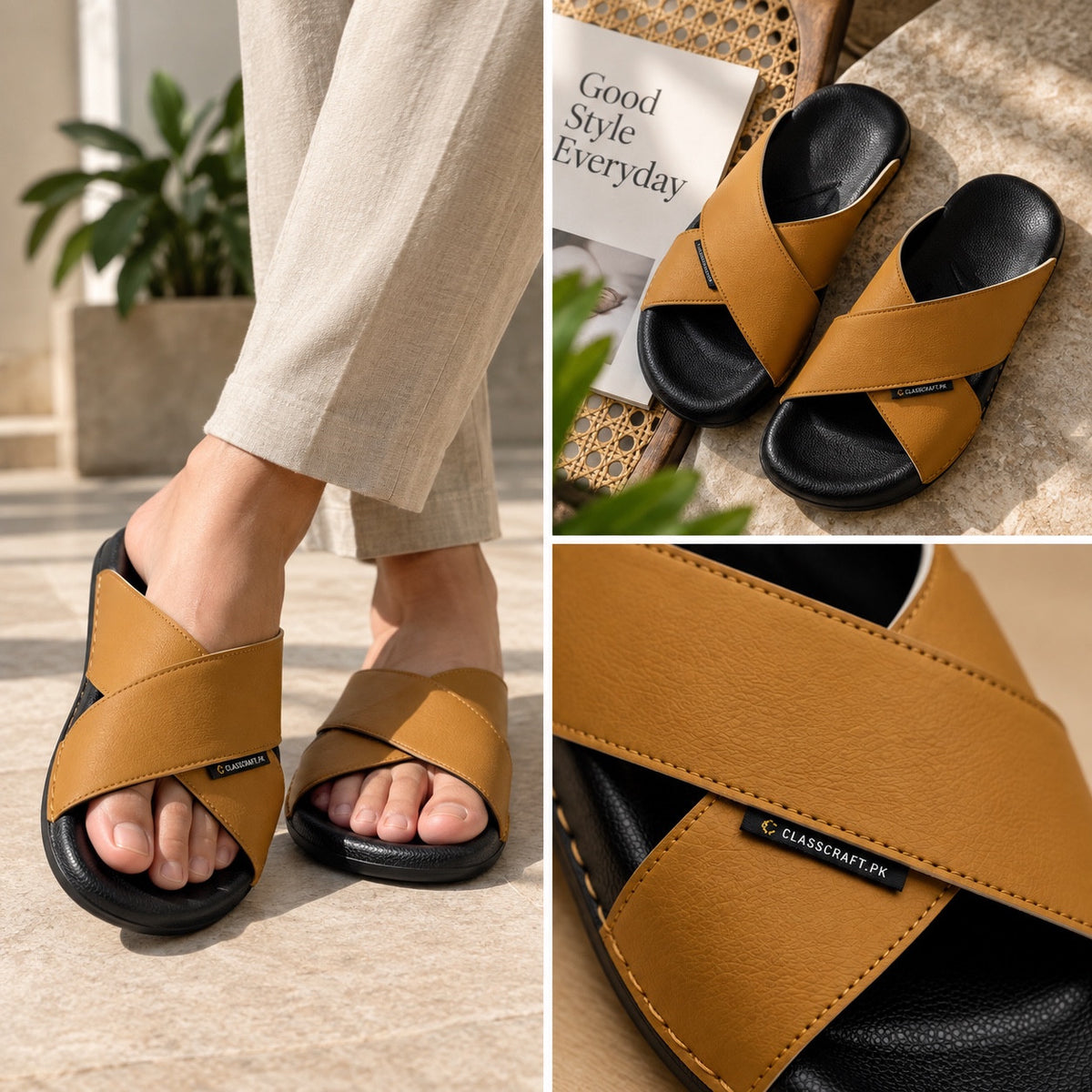 ClassCraft SoftX Camel Brown handmade soft sole slippers, worn and detailed views